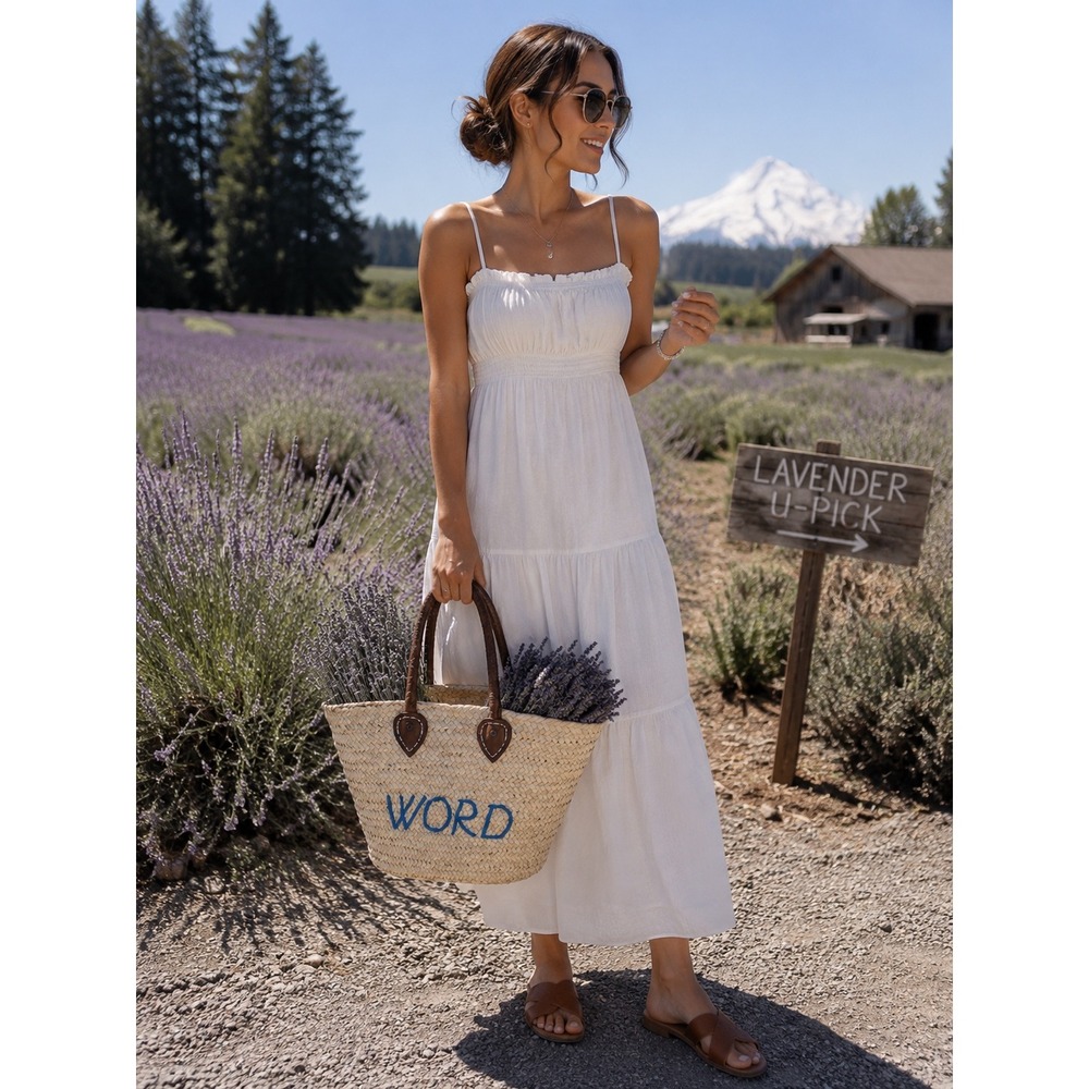 Poolside Medium Raffia Tote Straw Basket Oversized Tote Bag Embroidered
